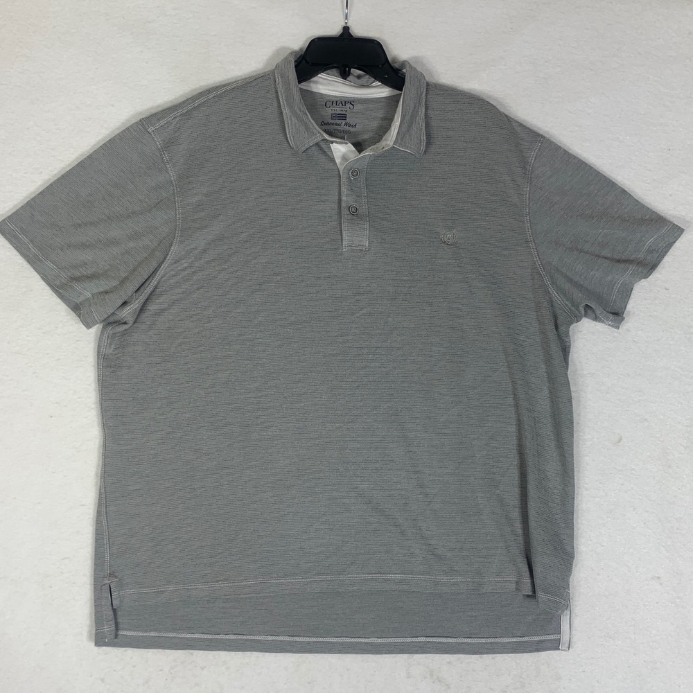 Chaps Seacoast Wash‎ Men's Gray Striped Polo Shirt XXL Rayon Blend Logo